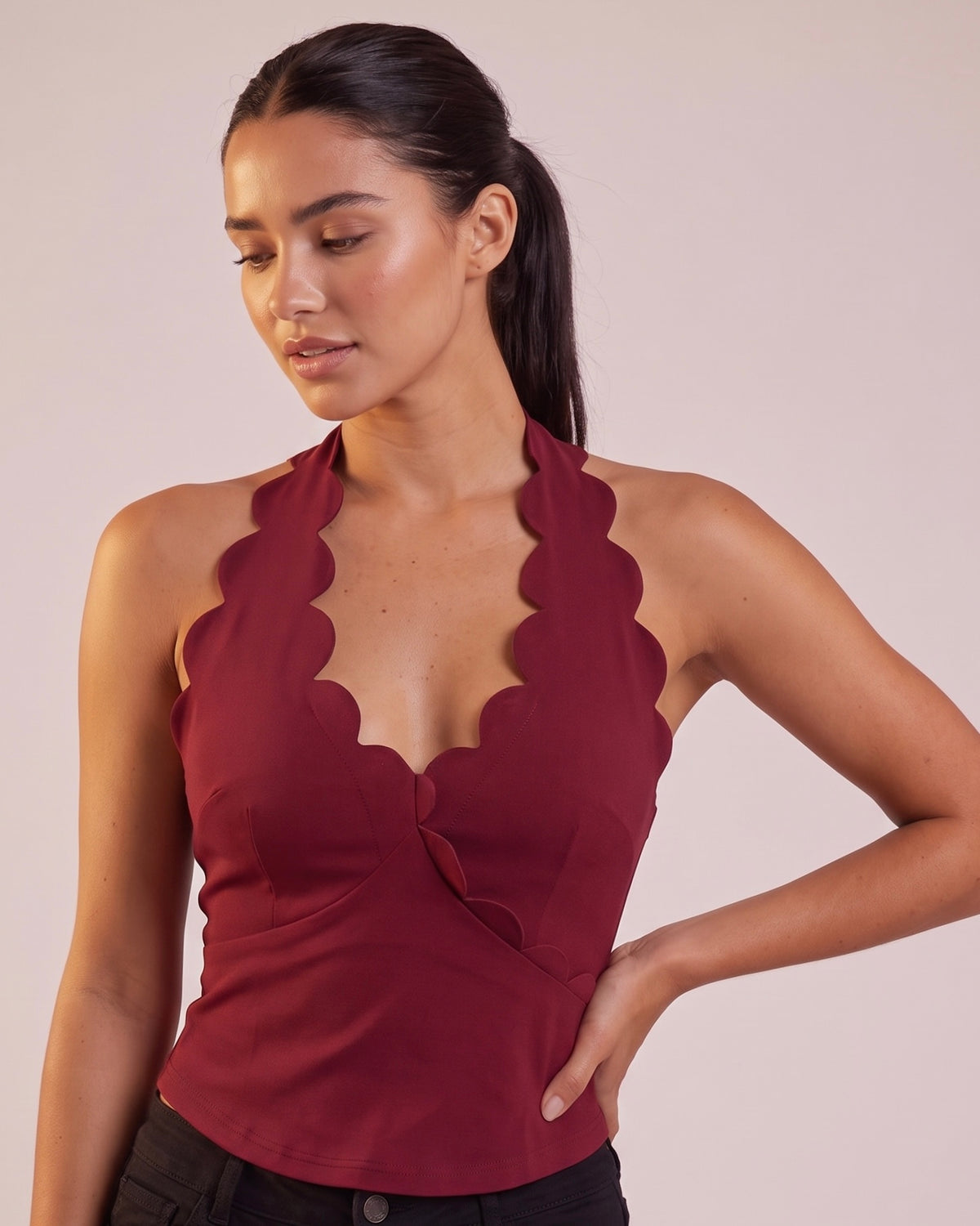 "Wavy" open-back halter top