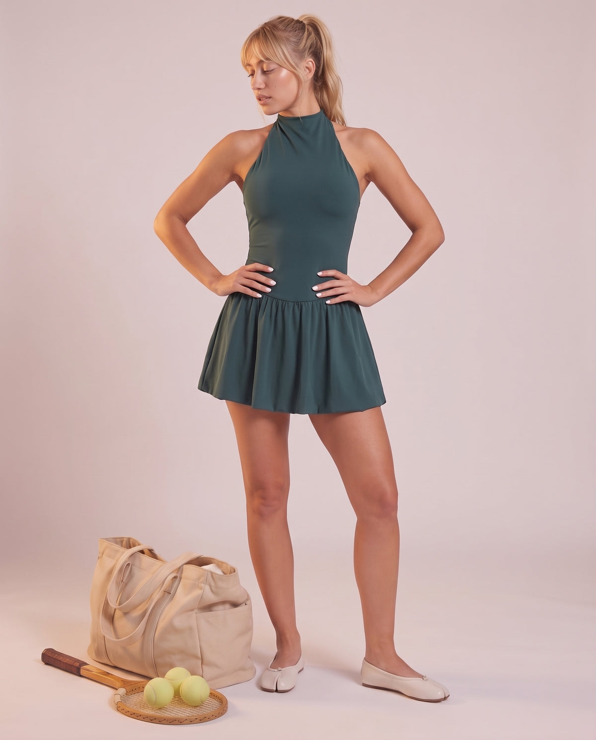 Halter-top flared skirt mini dress