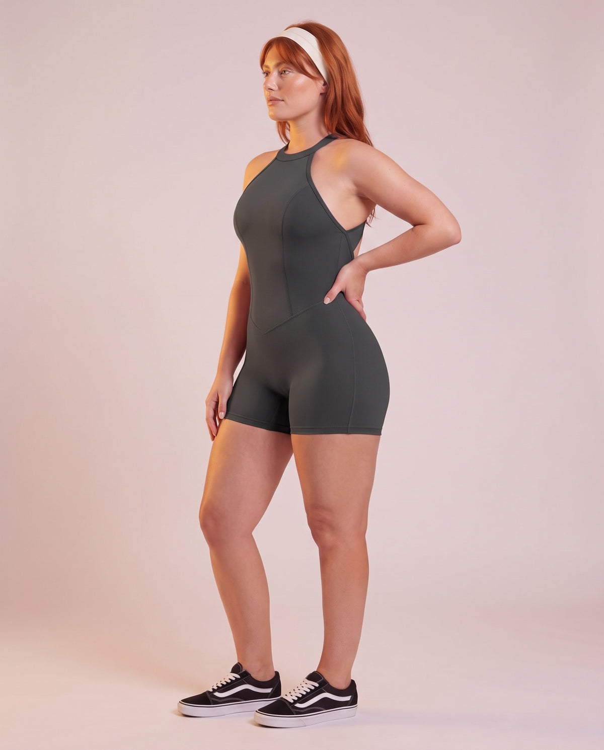 "Contour" sculpting open-back short jumpsuit