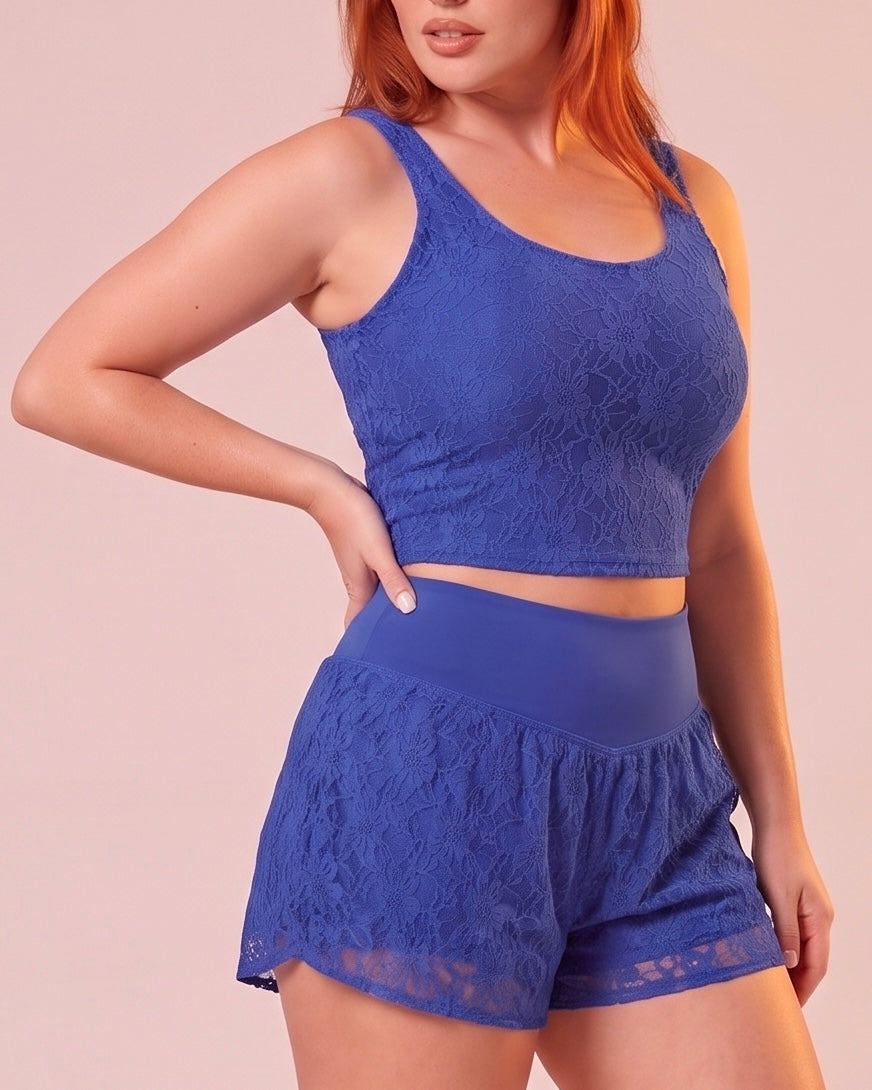 2‑piece set: lace tank top & shorts
